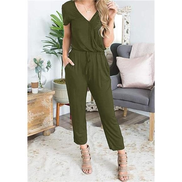 Women's Summer Casual Deep V Neck Wrap Waist Jumpsuit Romper Army Green - Picture 3 of 5